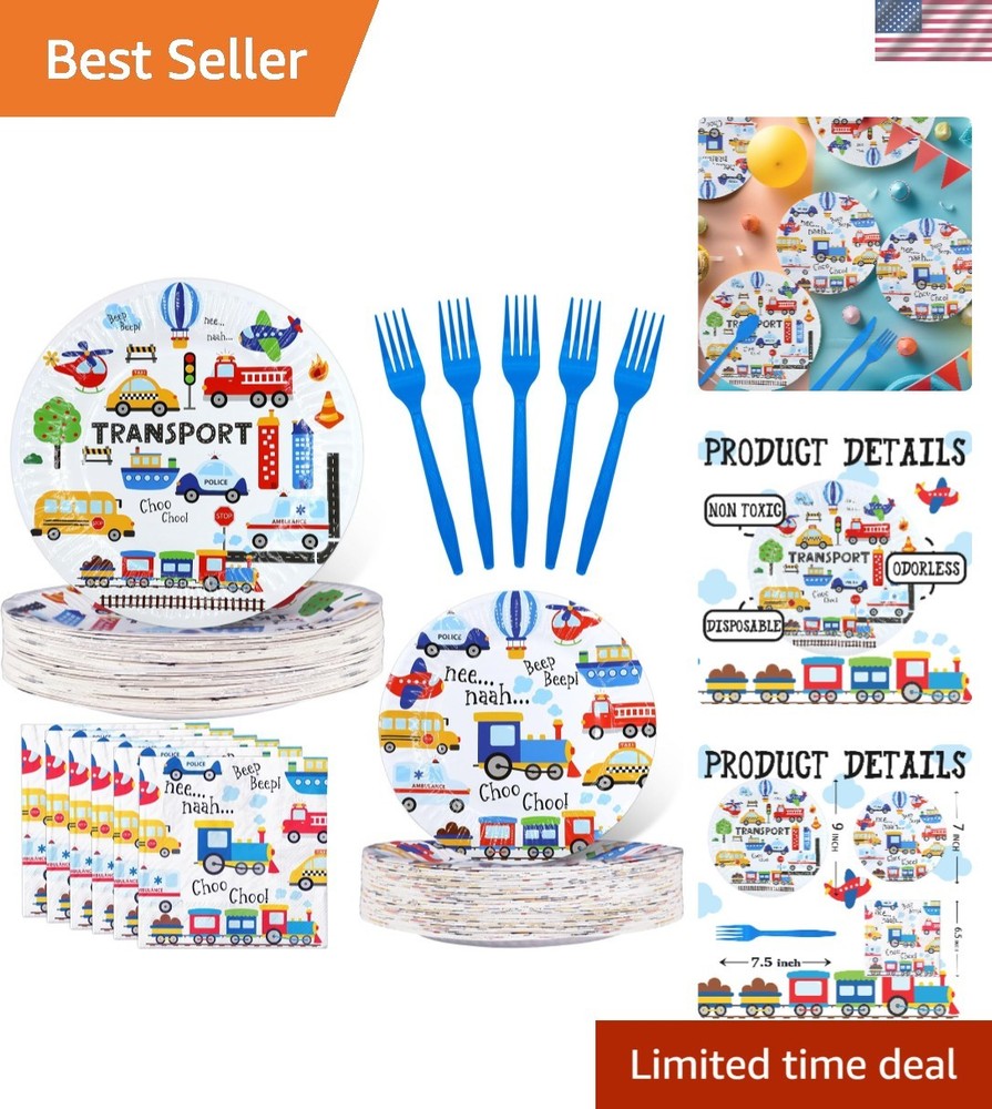 Complete 80-Piece Transportation Birthday Tableware – Plates, Napkins & Forks