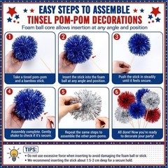 12 Pcs Large 4th of July Fireworks Decorations Patriotic Pom Pom Picks Red Blue