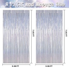 2 Pack Silver Metallic Tinsel Foil Curtains, 3.28 FT x 7.05 FT Glitter Silver Fr