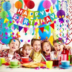Vibrant Birthday Banner with Triangle Flags, Honeycomb Balls & Confetti Garland