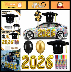 37 Pcs Graduation Car Decoration Kit – Inflatable Cap, Gold Foil Balloons, Marke