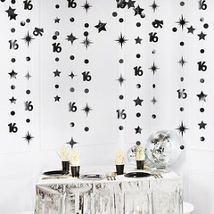 Black Number 16 Circle Dot Twinkle Star Garland Metallic Streamer