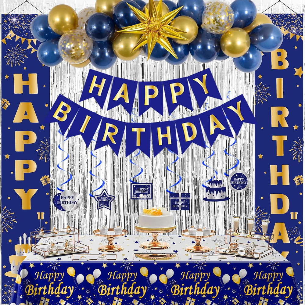 Blue and Gold Birthday Decorations for Men Boys Women Girls, Happy Birthday Deco