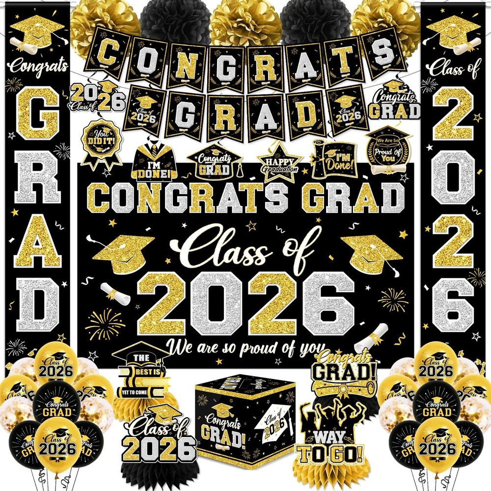 Class of 2026 Graduation Decorations Set – Black & Gold Banner, Backdrop, Balloo