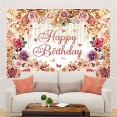Rose Flower Happy Birthday Backdrop Banner Rose Gold Pink Flowery Birthday Pa…