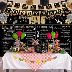 80th Birthday Decorations Kit Black Gold Back in 1946 Banner Set for Men Women