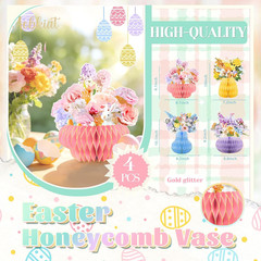 Easter Party Decorations,Paper Honeycomb Vase with Bouquet Print Card,Glitter Ed