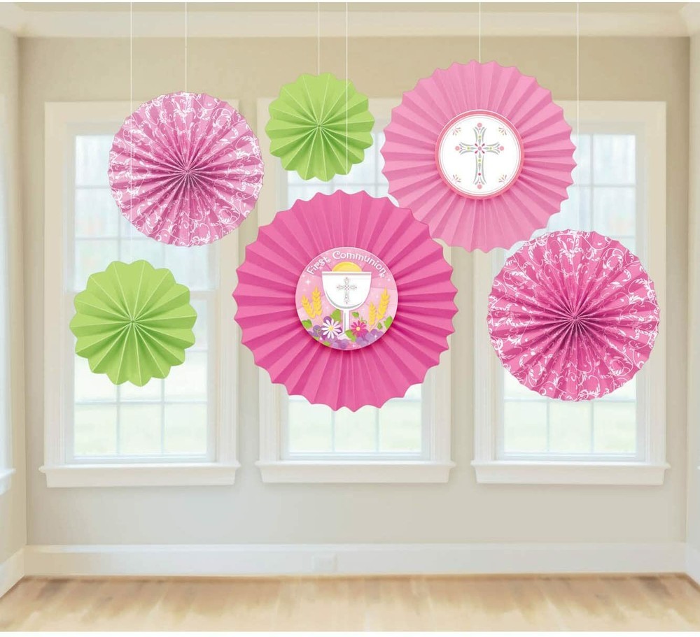 First Communion Paper Fans Decorations, Pink, Pack of 6