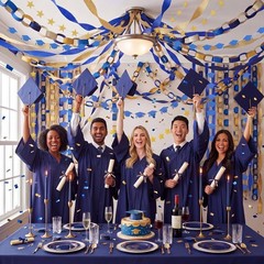 2026 Graduation Decorations – Blue & Gold Party Set, Cap Banner, Star Garland, S