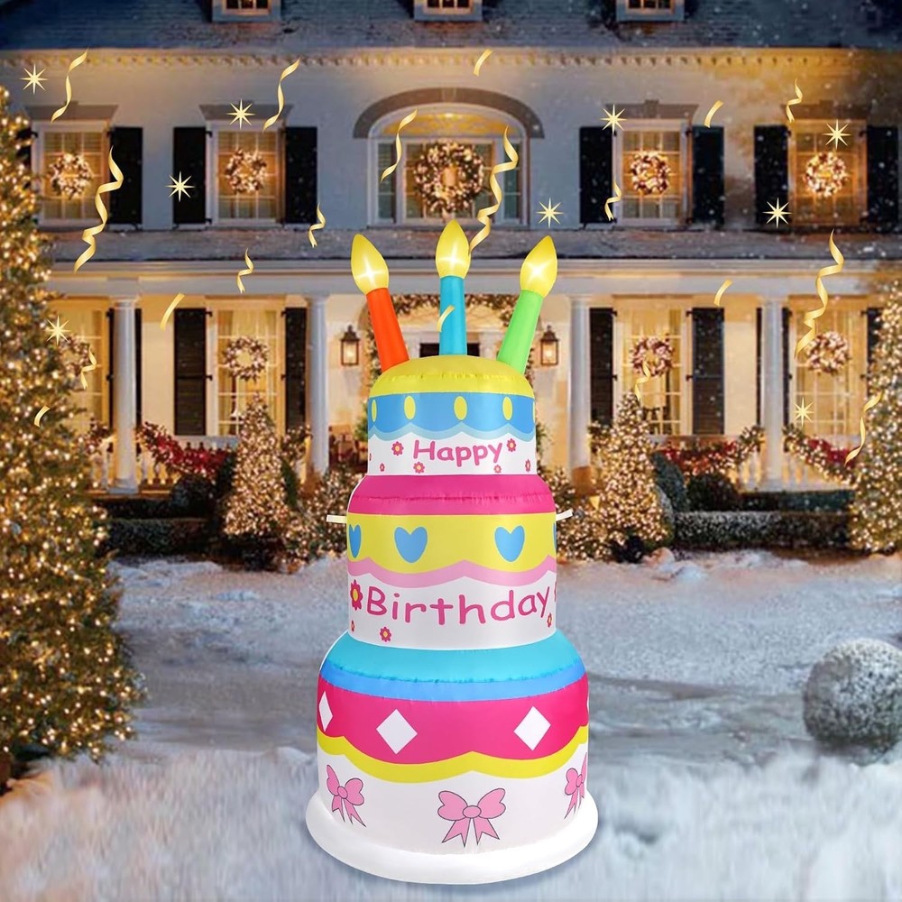 6 FT Inflatable Happy Birthday Cake Decorations, with Candles, Build-in LED Ligh