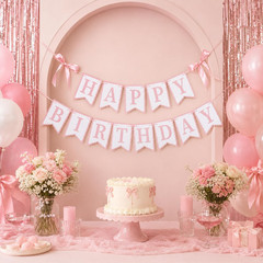 Happy Birthday Banner with Satin Bows, Coquette Bow Birthday Decorations with Ca