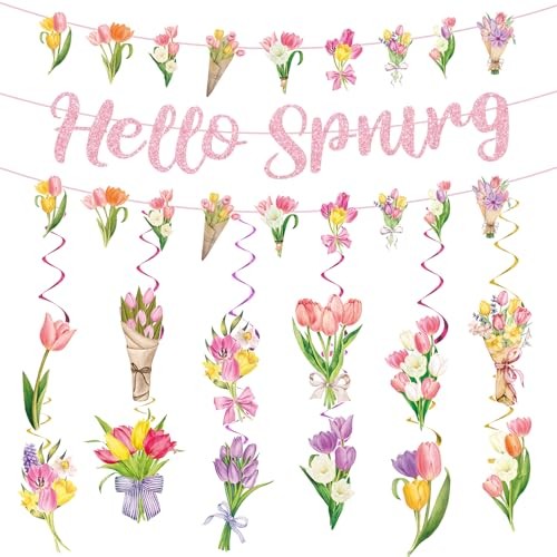 Spring Party Decorations, Hello Spring Hanging Swirls Sign Watercolor Tulip