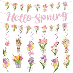 Spring Party Decorations, Hello Spring Hanging Swirls Sign Watercolor Tulip