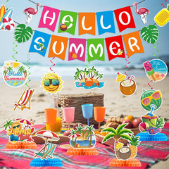 Summer Party Decorations, Hello Summer Banner Hanging Swirls and Honeycomb Cente