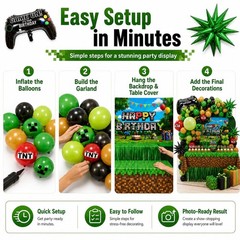 Pixel Game Birthday Party Supplies Kit – 131 Pcs Decorations, Balloons, Backdrop
