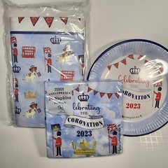 Tesco King Charles Coronation Party Set Bag Plate Napkin Tablecloth Flag Dog