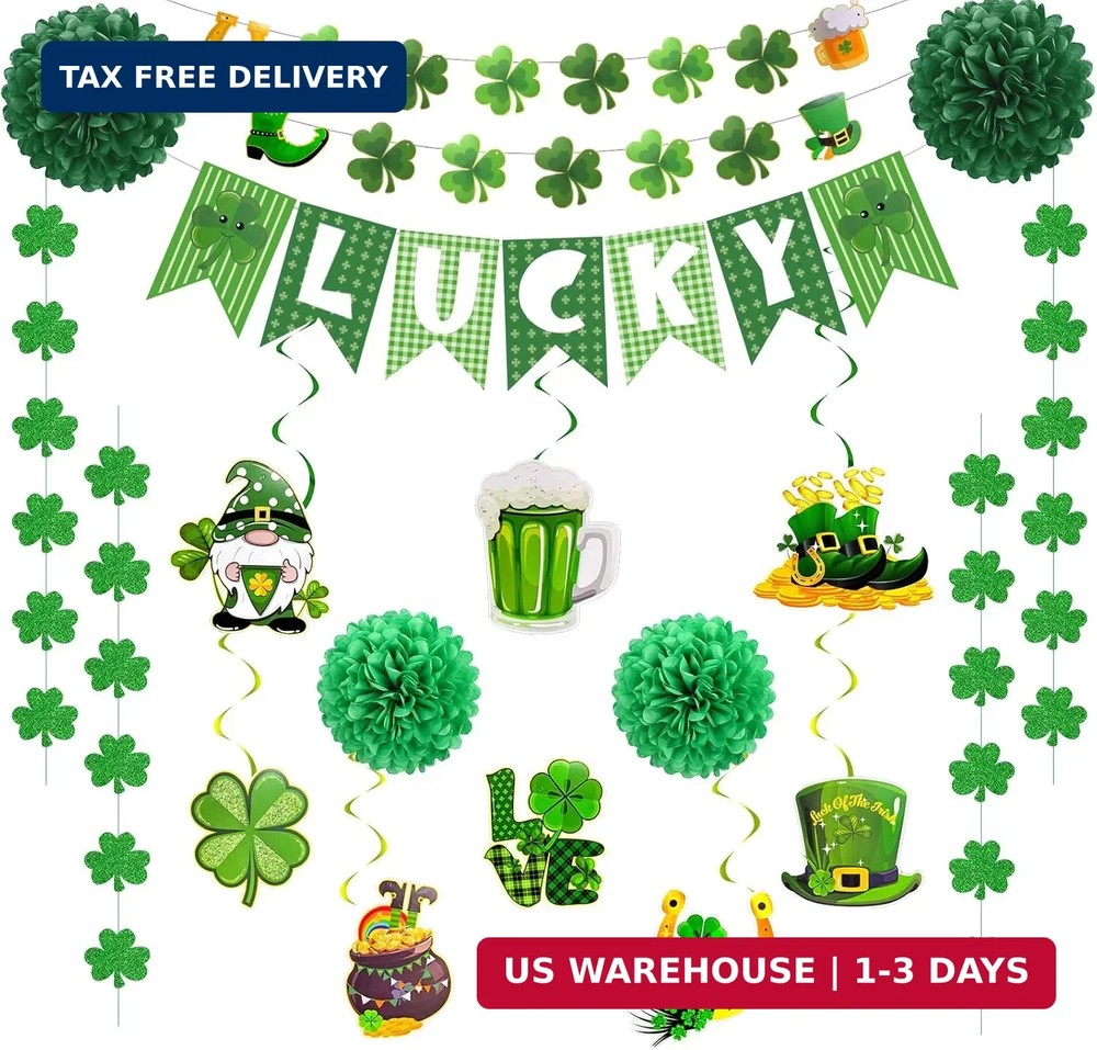 St. Patrick’s Day Decorations Kit with Lucky Banner, Hanging Swirls, Glitter Sha