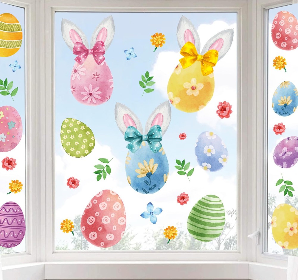 9 Sheets Easter Window Clings Watercolor Bunny Egg Rabbit Ear Glass Stickers Dou