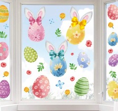 9 Sheets Easter Window Clings Watercolor Bunny Egg Rabbit Ear Glass Stickers Dou