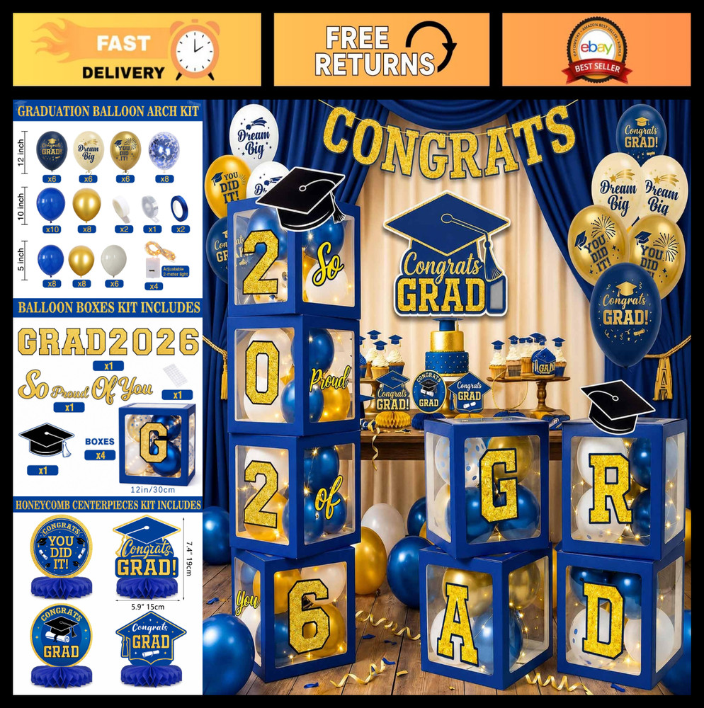 Navy Blue & Gold Graduation Decorations 2026 – Balloon Boxes, Table Decor & Ligh