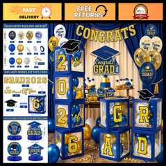 Navy Blue & Gold Graduation Decorations 2026 – Balloon Boxes, Table Decor & Ligh