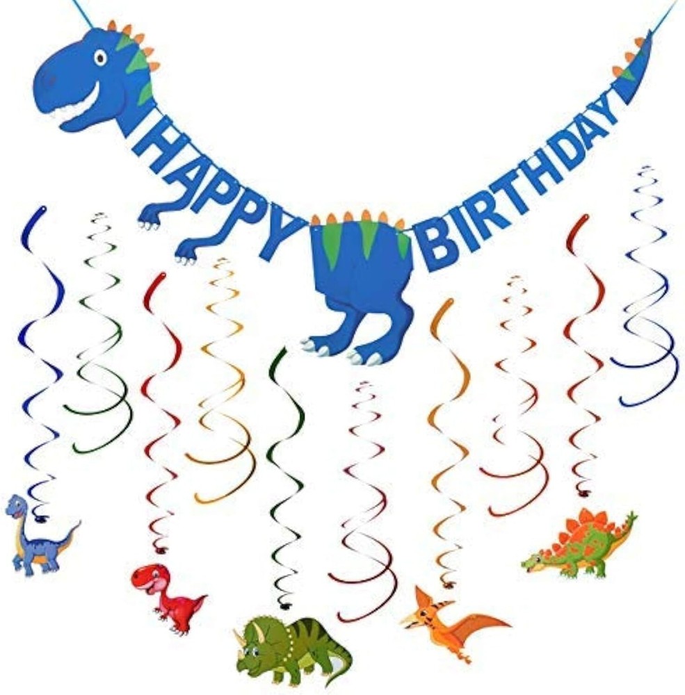 Dinosaur «Happy Birthday» Banner & 15 Pre-Assembled Dino & Swirl Decorations DIY