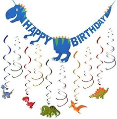 Dinosaur «Happy Birthday» Banner & 15 Pre-Assembled Dino & Swirl Decorations DIY