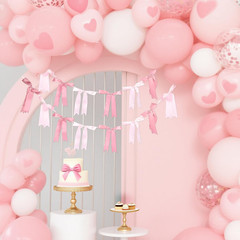 Pink Bow Garlands Banner Decoration, 2 Strings 16PCS Pre-Strung Satin Ribbon Han