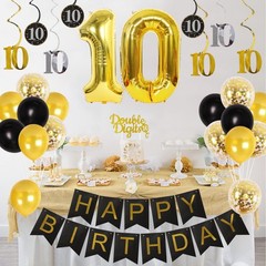 Double Digits 10th Birthday Decorations Black and Gold for Boys Girls, Double…