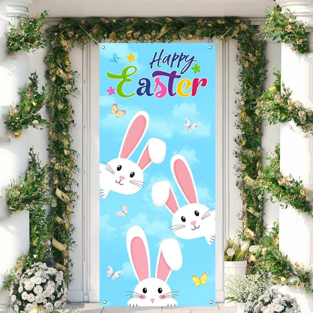 Happy Easter Decorations Bunnies Rabbits Door Cover Banner Gift Outdoor 29.5X71″