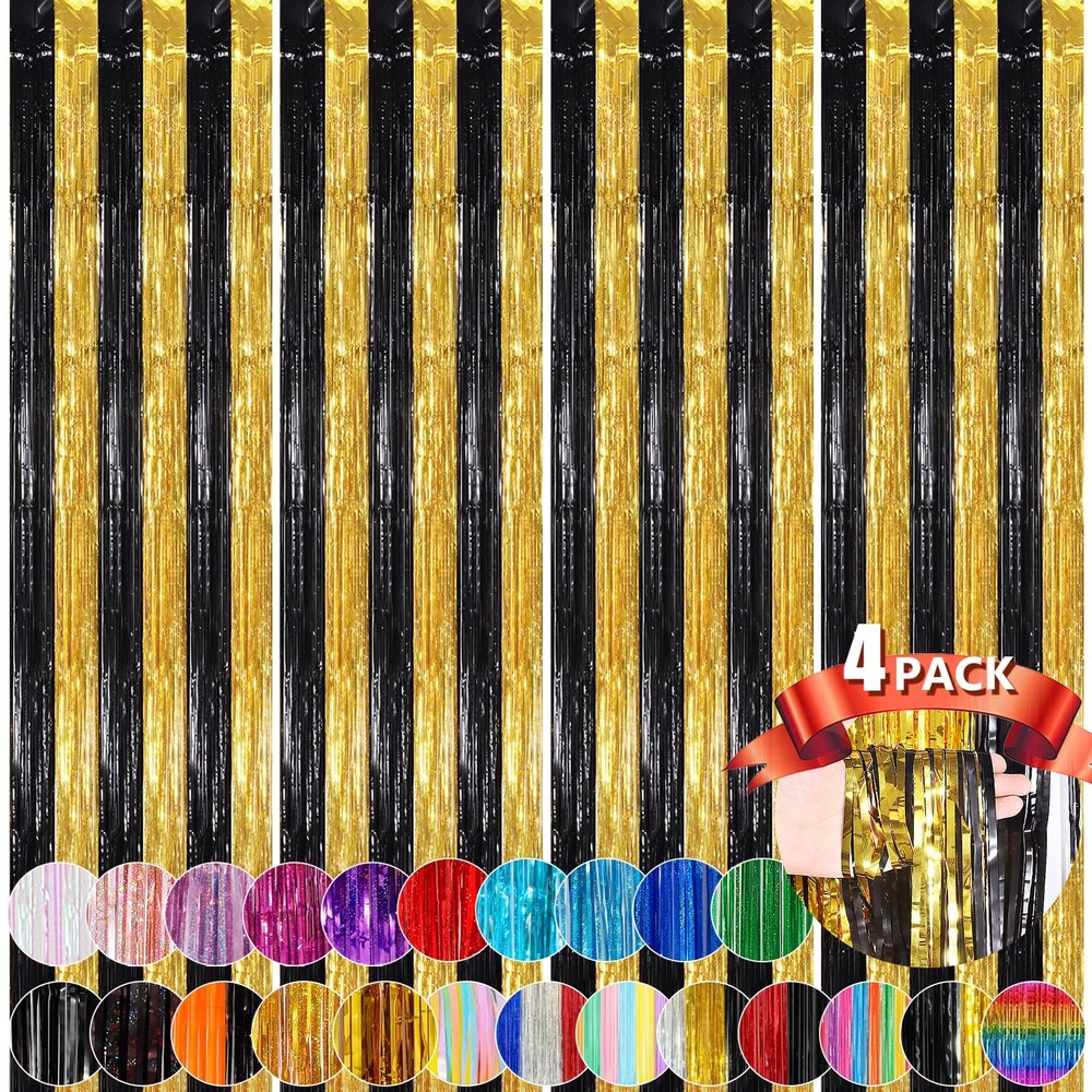 Black Gold Metallic Tinsel Foil Fringe Curtains Streamers 3.3×8.3 Ft 4 Pack