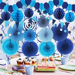 Blue Party Decorations, Easy Assembly Paper Fan Honeycomb Ball Garland Hangin…