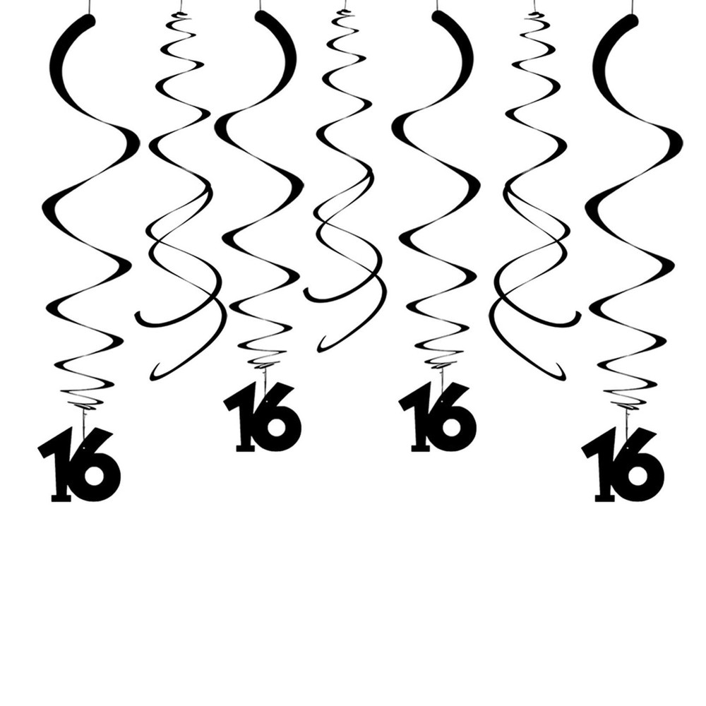 30 Pack Black 16th Birthday Swirl Decorations Anniversary Ceiling Hanging