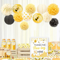 Bee Party Decorations, 12PCS Yellow Hanging Paper Lanterns Tissue Pom Poms Decor