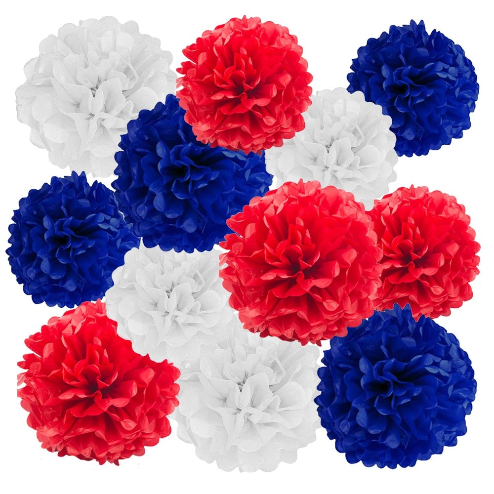 Navy Blue Red White Tissue Paper Pom Poms Patriotic Hanging Decor 12 PCS