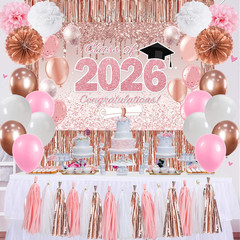 Pink Graduation Decorations Class of 2026 Backdrop Balloons Tassels Set