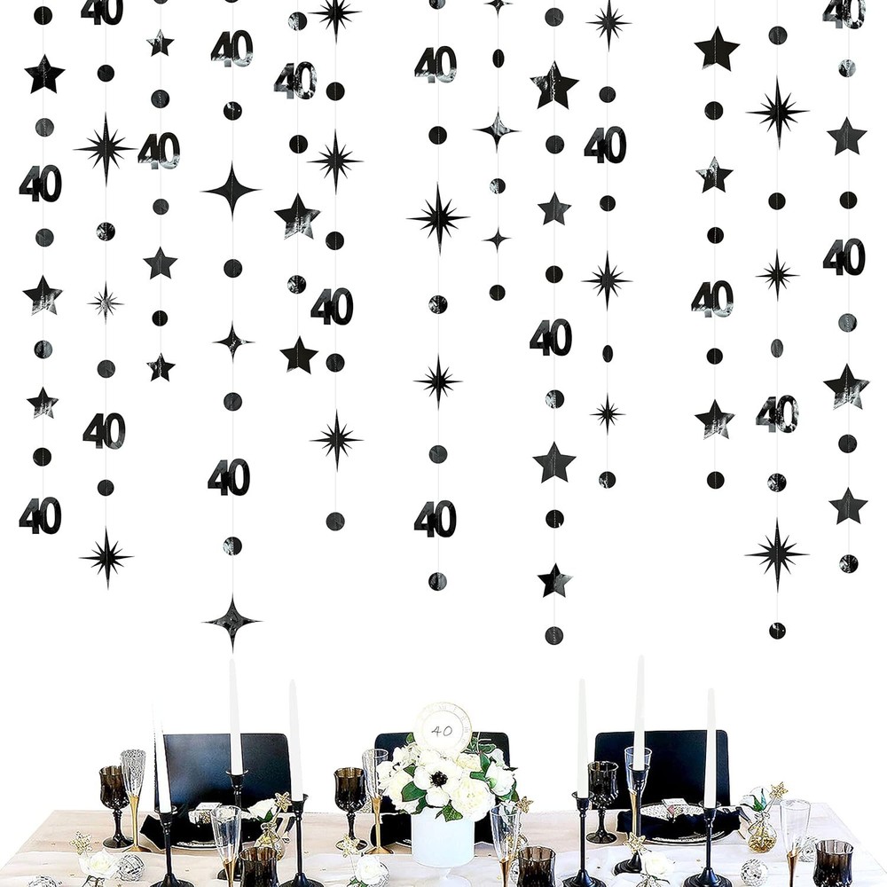 Black 40th Birthday Decorations Number 40 Circle Dot Twinkle Star