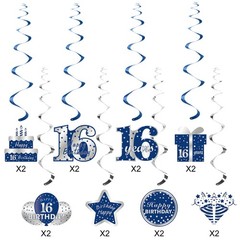 16 PCS Blue Silver 16th Birthday Hanging Swirls Boys Foil Party Supplies