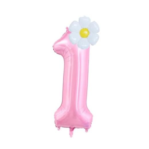 40-Inch Pink Number 1 Balloons With Daisy Balloons, 1st Birthday Pink 1