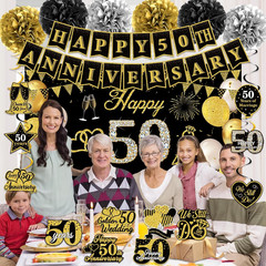 50Th Wedding Anniversary Party Decorations Supplies Kit – 41PCS Black Gold Happy