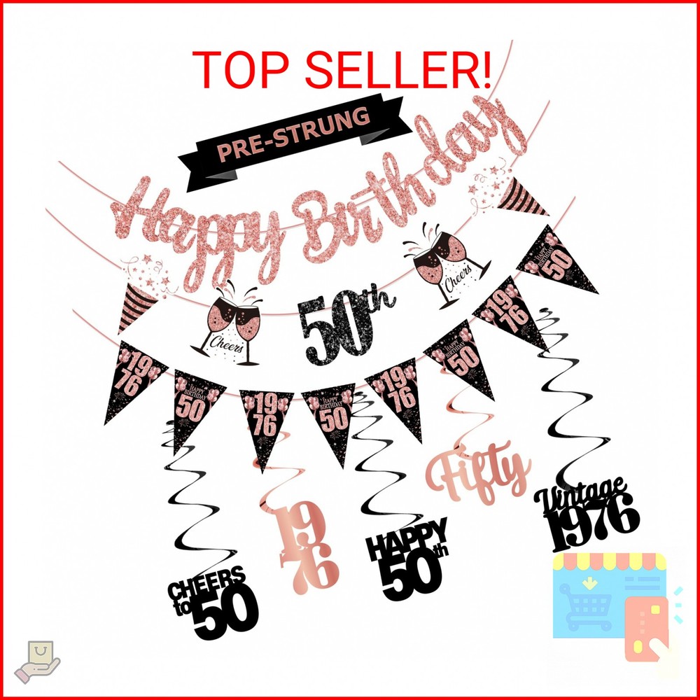 50th Birthday Decorations for Women – Pre Strung Black Rose Gold Happy 50th Birt