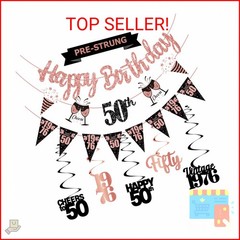 50th Birthday Decorations for Women – Pre Strung Black Rose Gold Happy 50th Birt