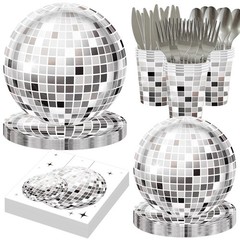 140PCS Disco Ball Party Decorations – Black Silver Plates & Napkins Set for 20 G
