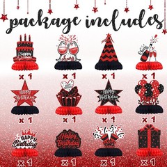 12PCS Black Red Birthday Honeycomb Table Centerpieces, Happy Birthday, Decor