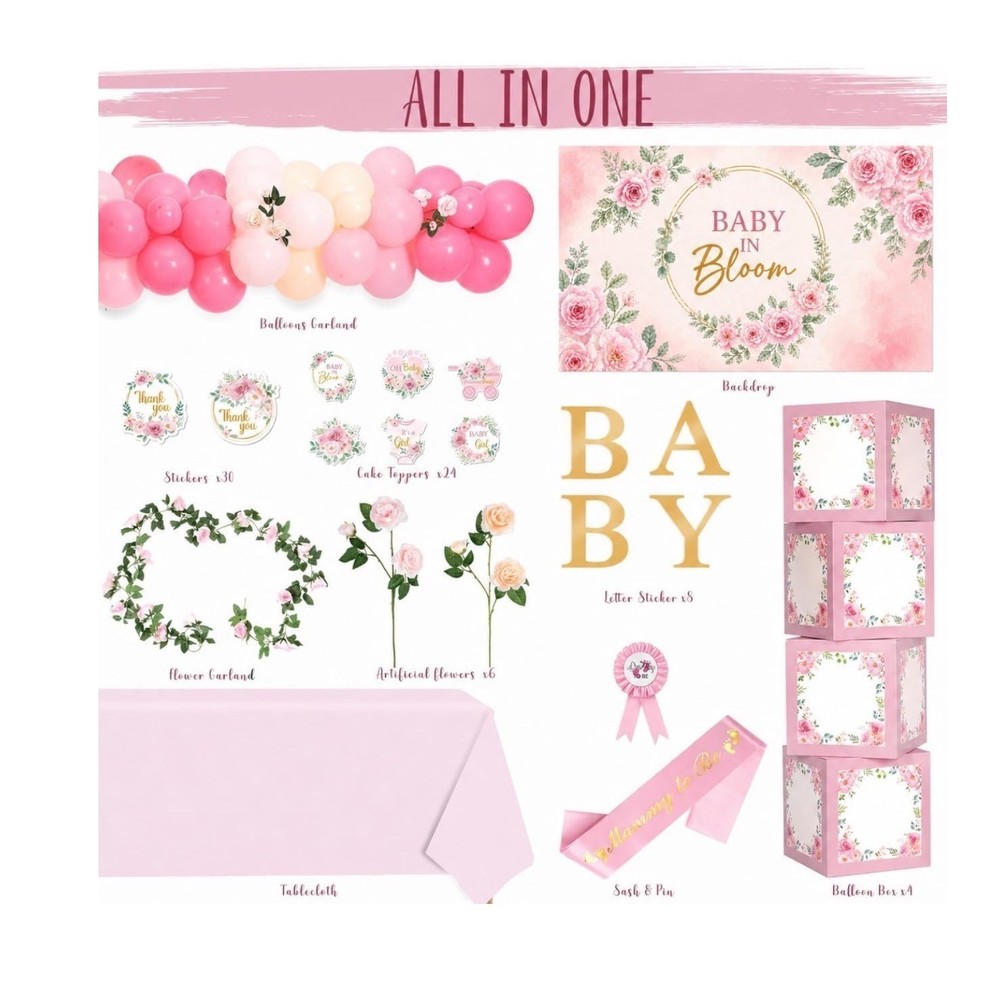 Baby in Bloom Shower Decoration Kit Pink Gold Floral Backdrop Balloon Box Set