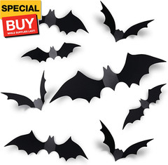60PCS Halloween Bats Decoration, 4 Different Sizes Realistic PVC Black 3D Scary