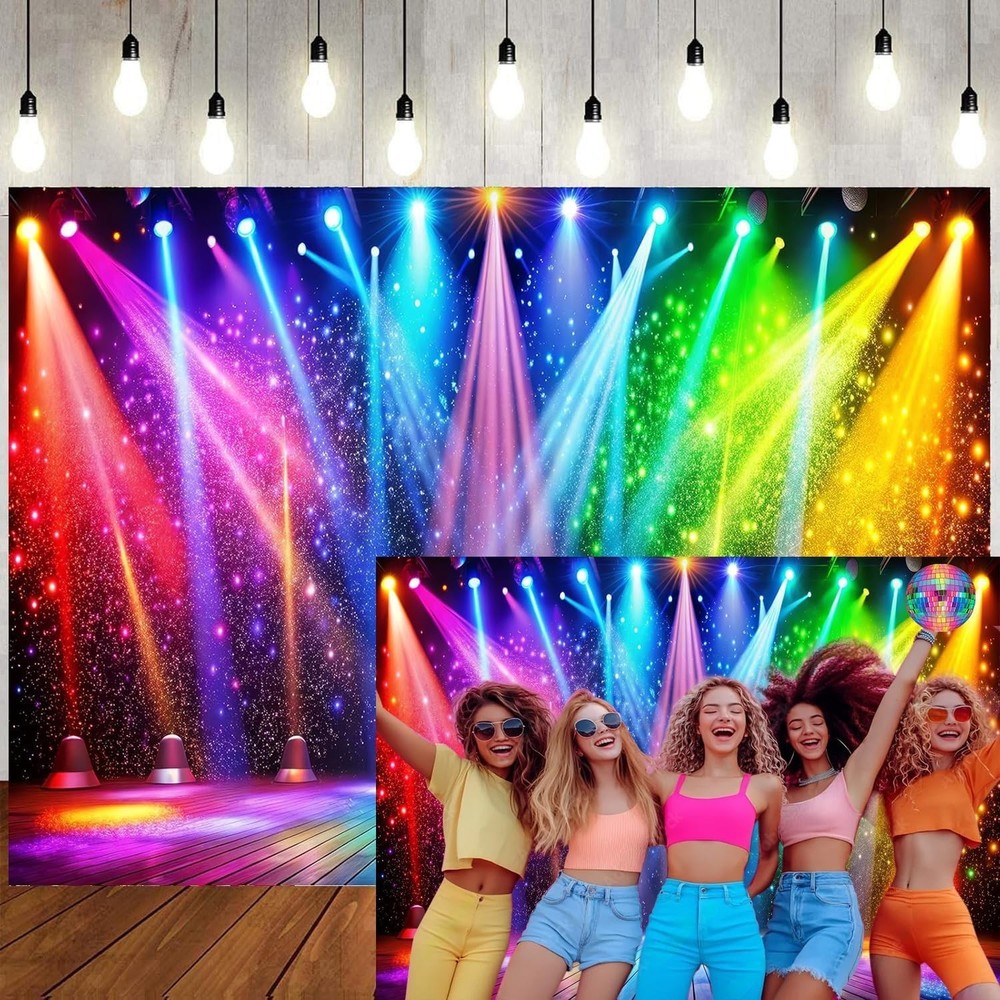 Disco Rainbow Stage 70s 80s 90s Rock Music Club Neon Glow Party Backdrop Banner