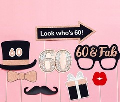 32 PCS Pink Rose Gold Black 60th Birthday Photo Booth Props Party Supplies
