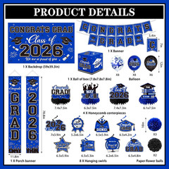 Graduation Decorations 2026 Blue Party Decor Set with Congrats Grad Banner, Clas