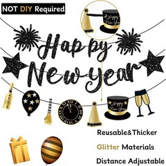 Happy New Year Banner Black Glitter Pre-Strung NYE Sign Garland Banner for Happy